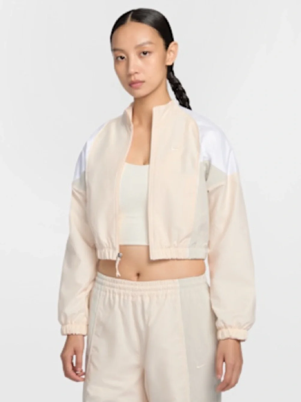 Nike Cropped Bomber Jacket in Light Beige and White